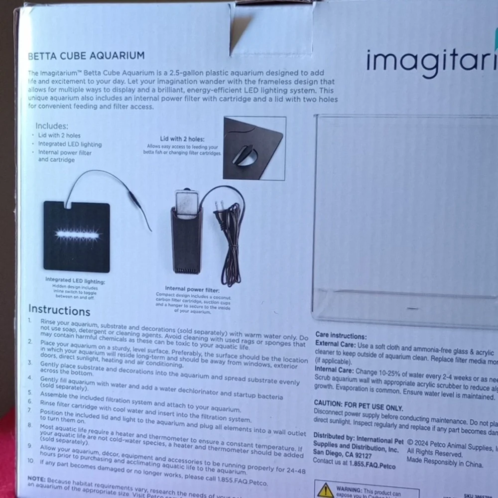 Beta cube aquarium 2.5 gallon with LED lighting and filter cartridges in box